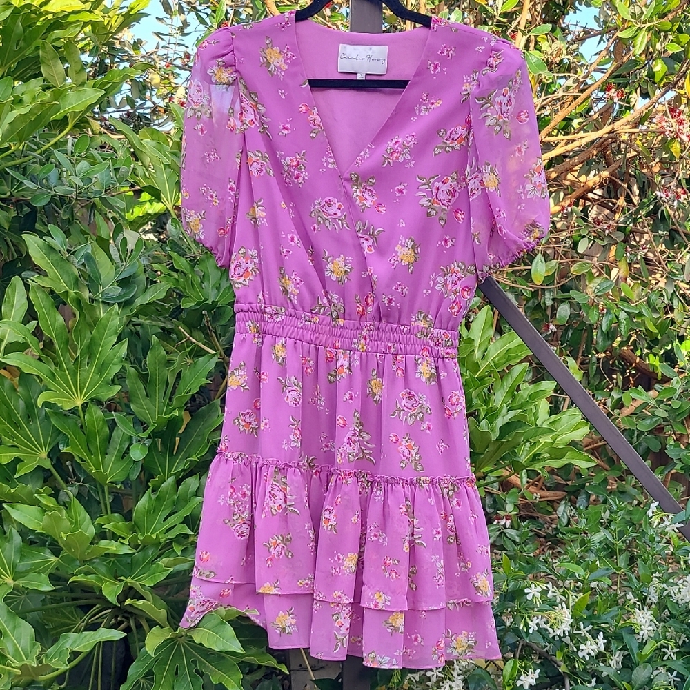 Charles Henry Purple Pink Tiered Mini Dress with Puff Sleeves Size Small